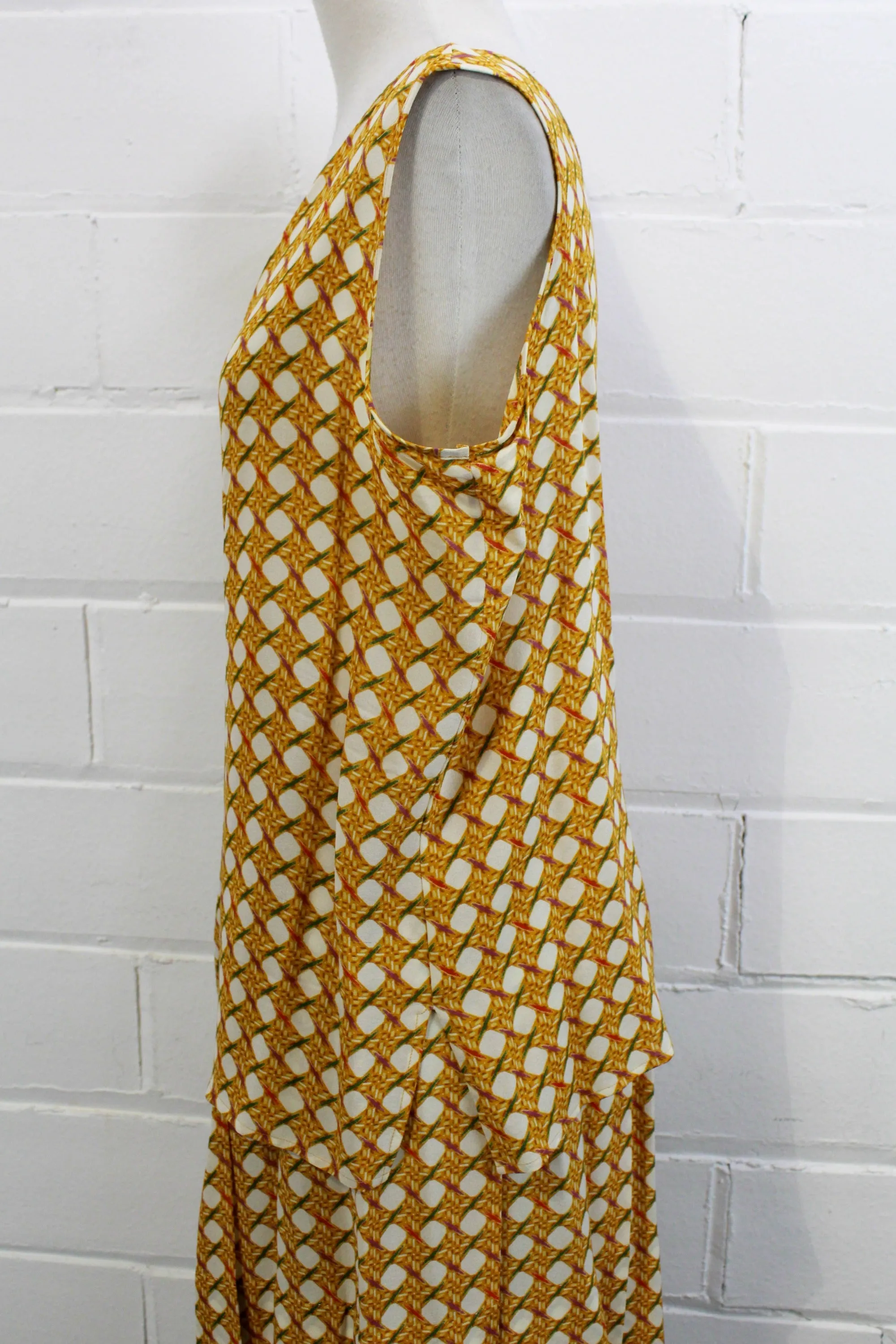 1980s Yellow Silk Bamboo Print Skirt and Top Set, Medium