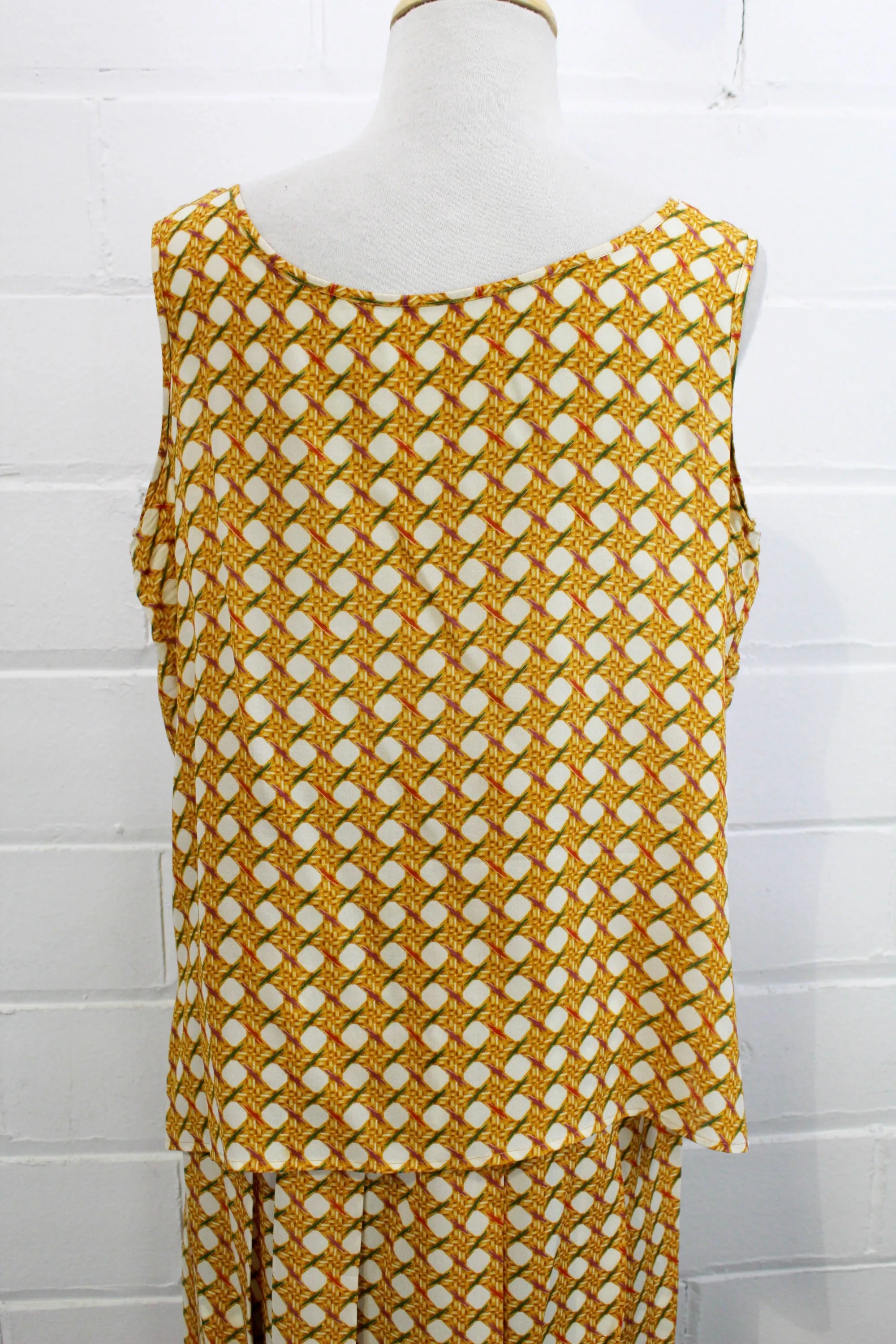 1980s Yellow Silk Bamboo Print Skirt and Top Set, Medium