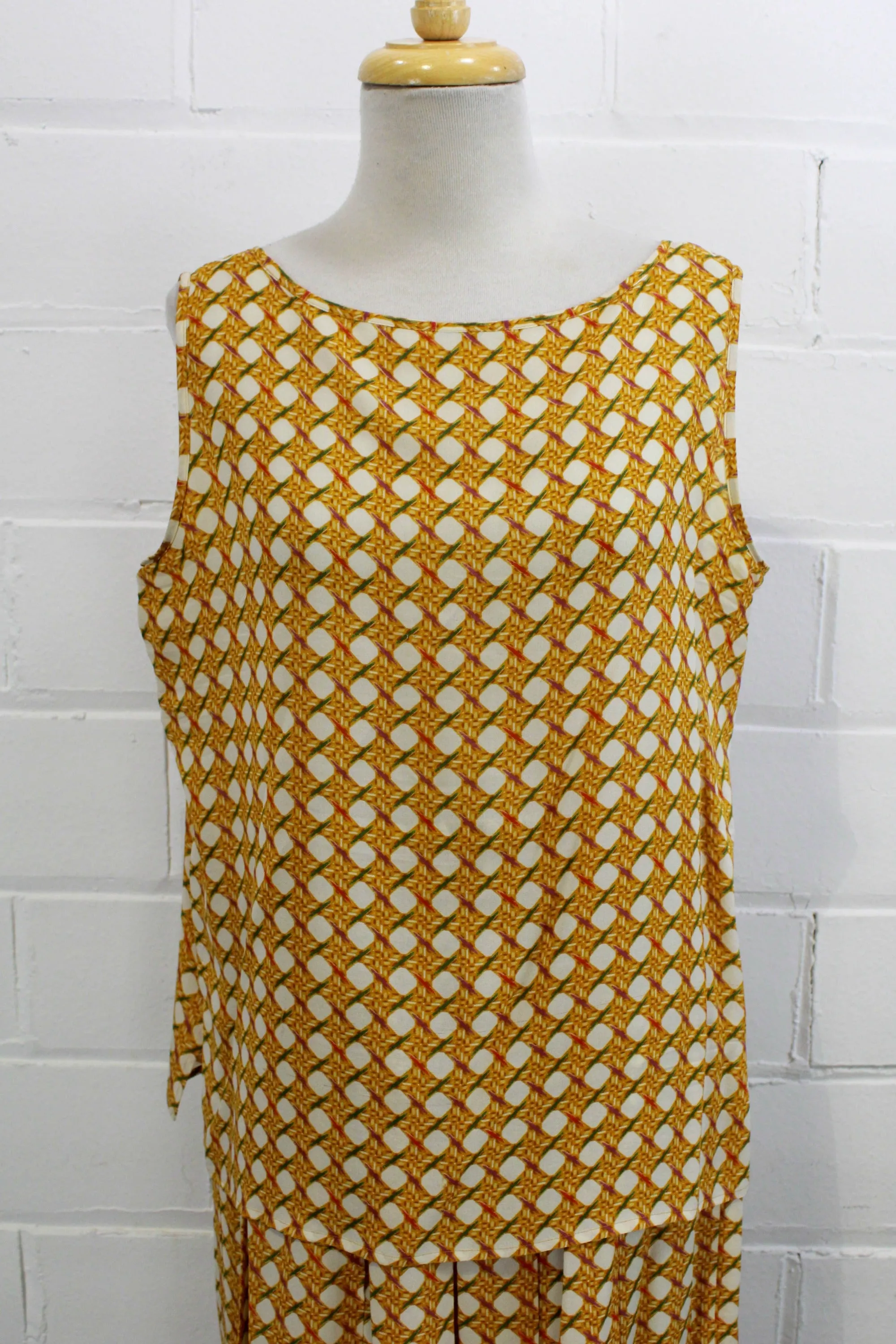 1980s Yellow Silk Bamboo Print Skirt and Top Set, Medium