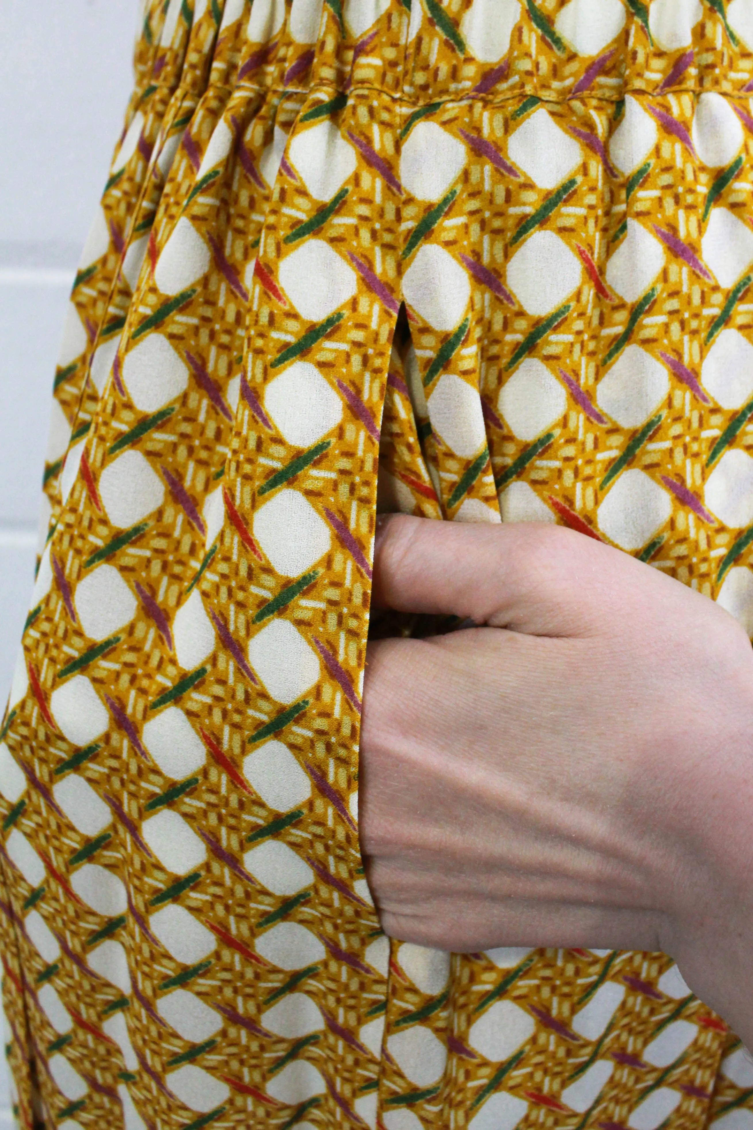 1980s Yellow Silk Bamboo Print Skirt and Top Set, Medium