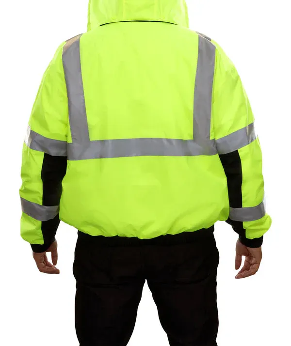 411STLB Safety Jacket: Hi-Vis Bomber: Breathable Waterproof: Hood: Lime 2-Tone