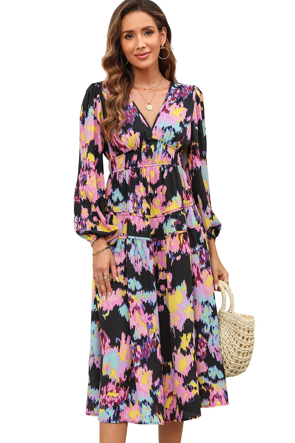 Abstract Print Pleated High Waist Maxi Dress