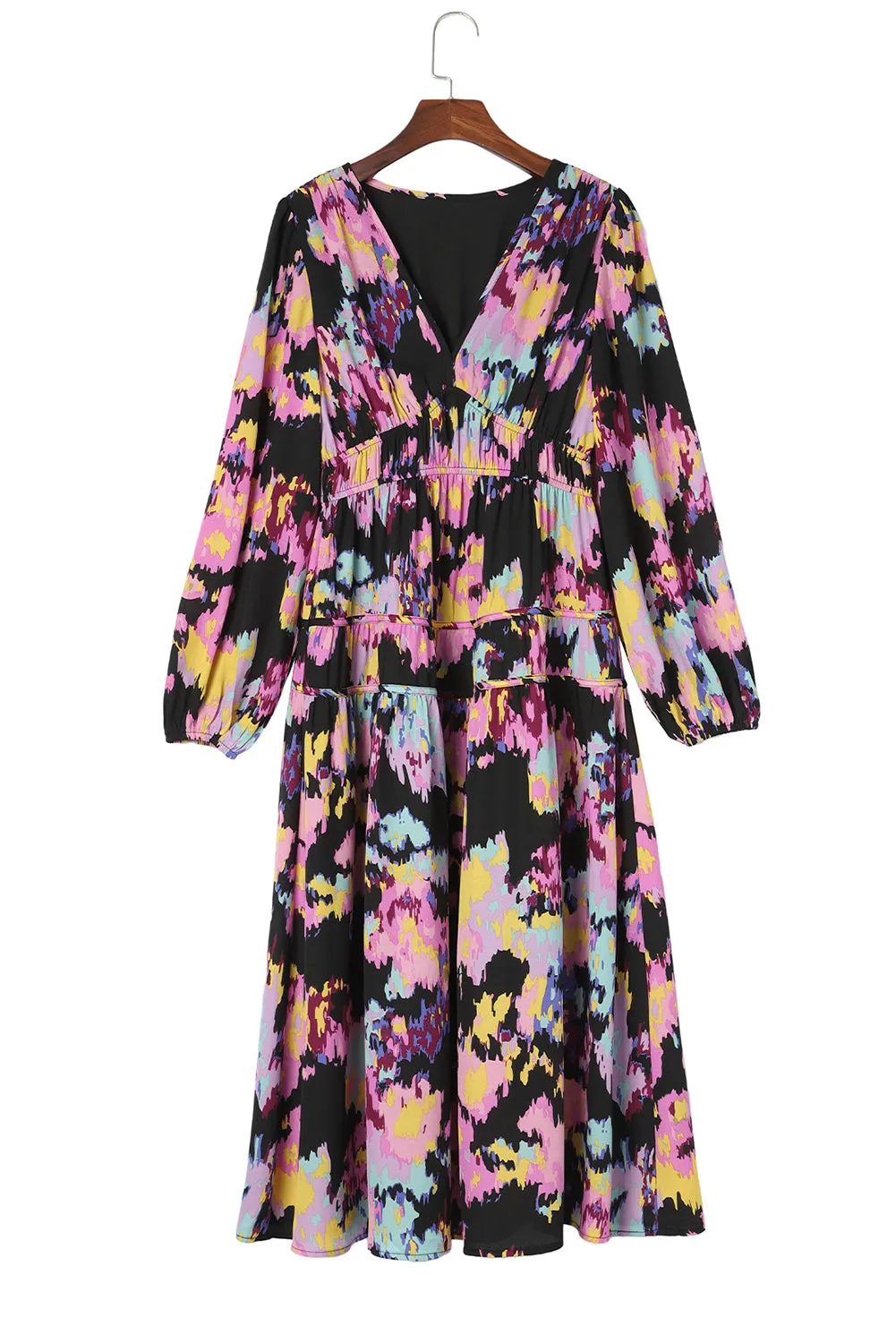 Abstract Print Pleated High Waist Maxi Dress