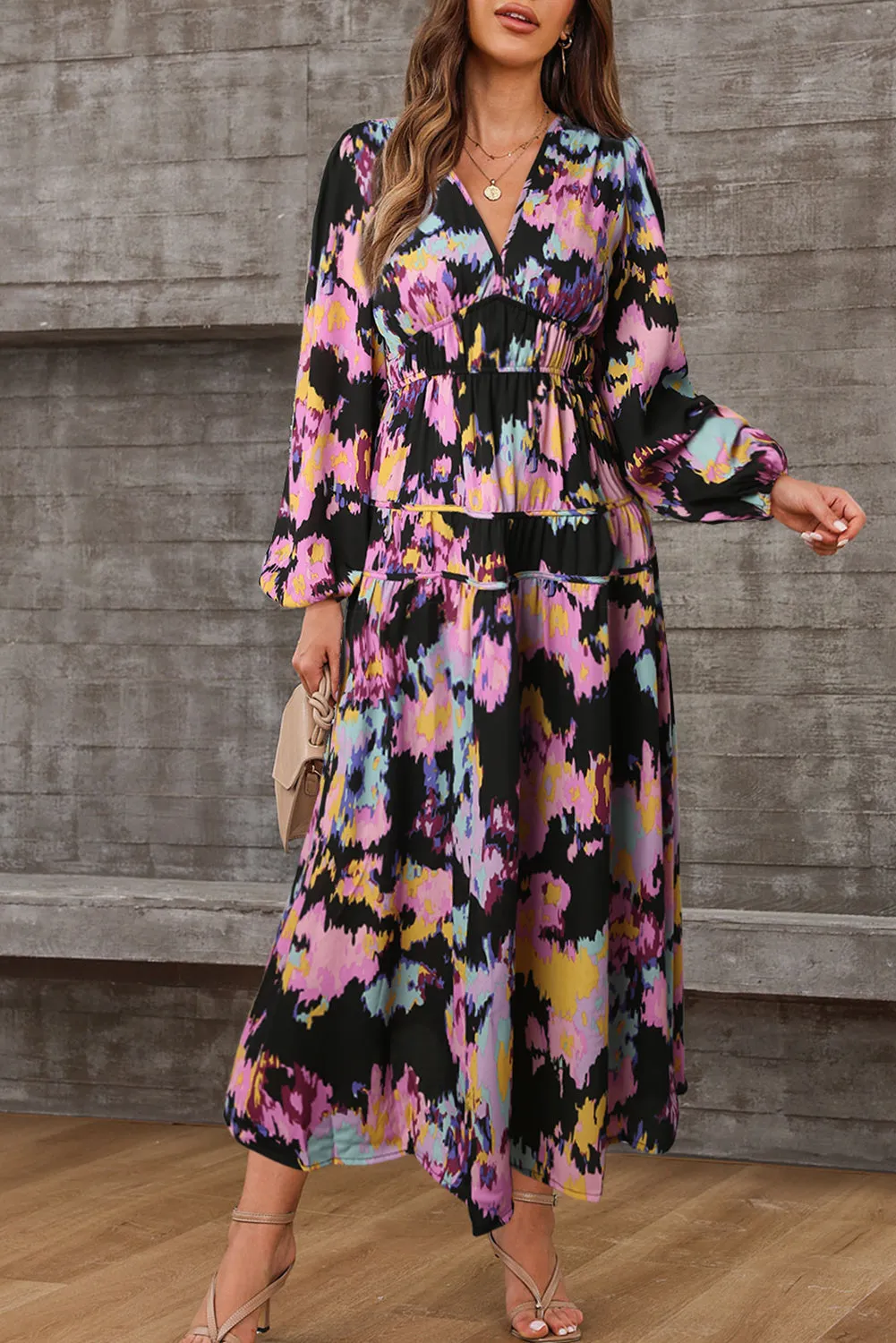 Abstract Print Pleated High Waist Maxi Dress