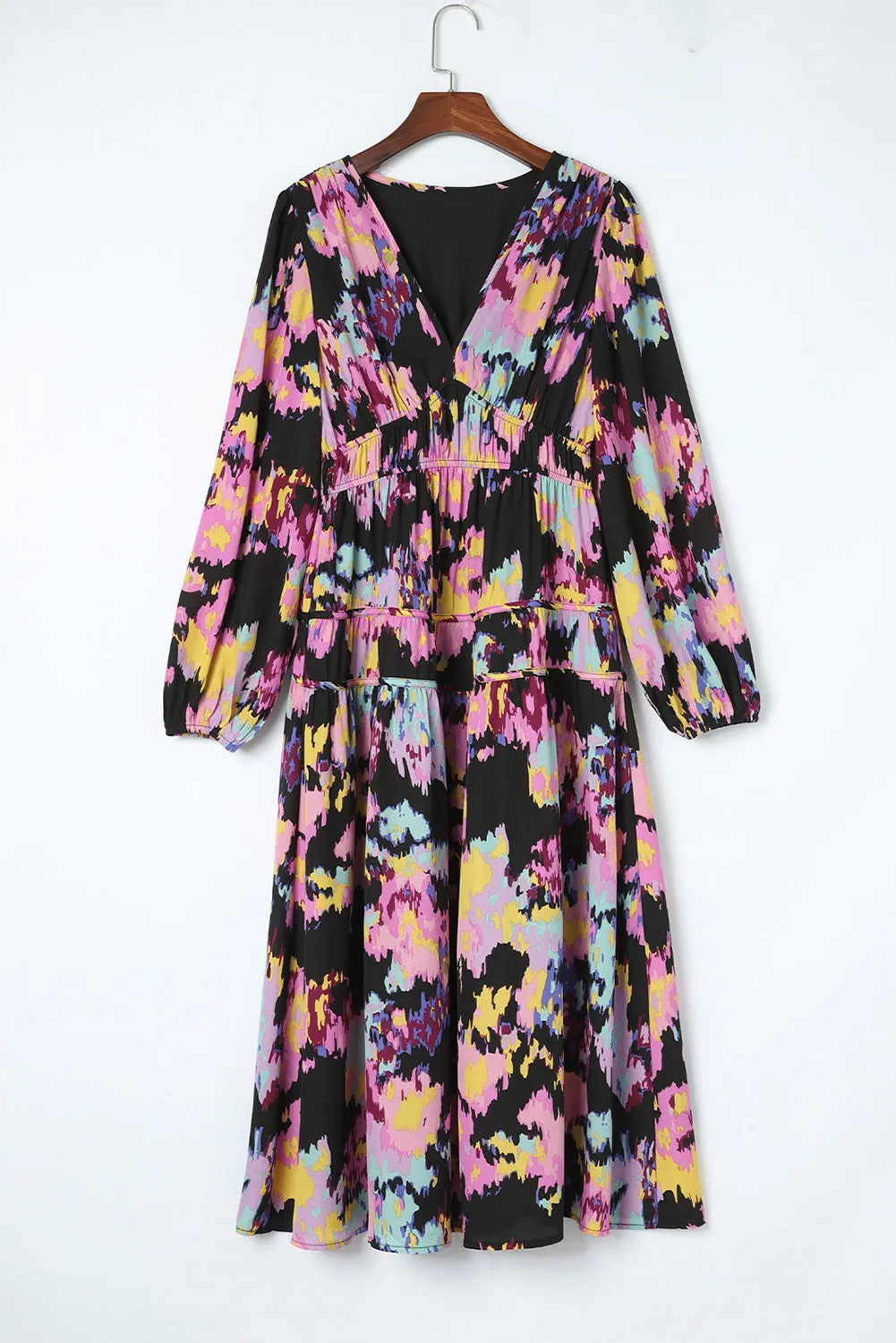 Abstract Print Pleated High Waist Maxi Dress