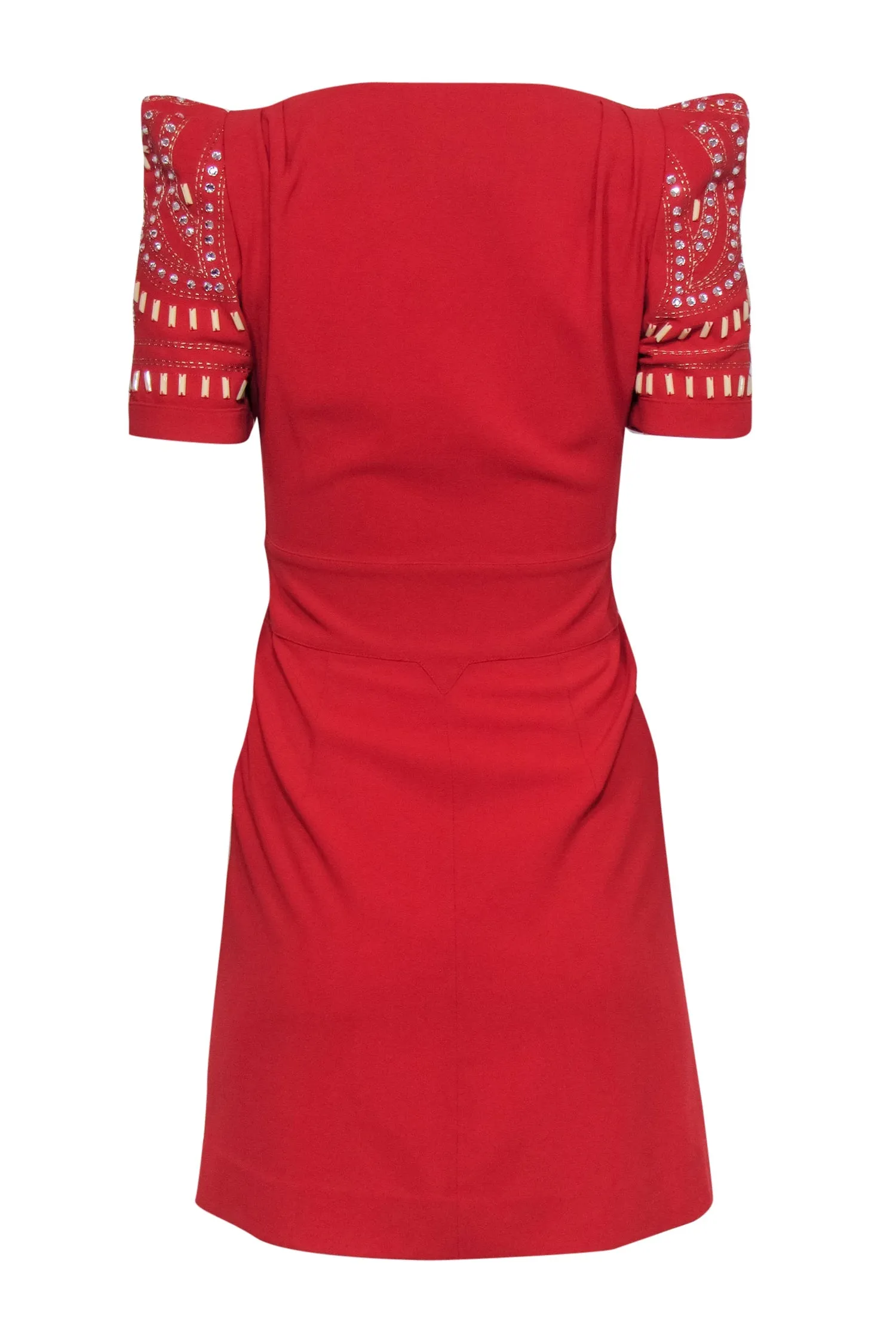 Alice Temperley - Red "Ghana" Sheath Dress w/ Beaded & Jeweled Puff Sleeves Sz 4