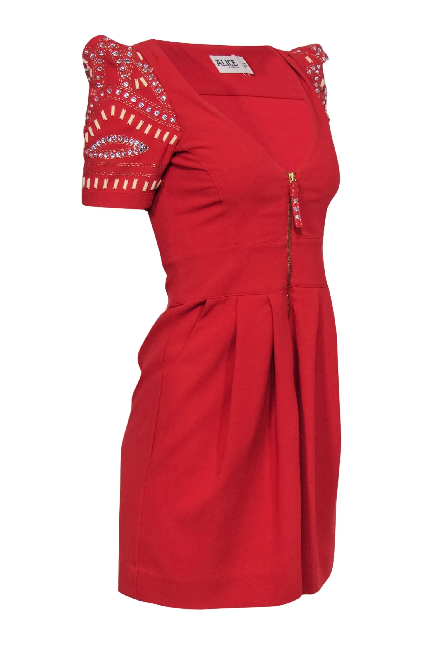 Alice Temperley - Red "Ghana" Sheath Dress w/ Beaded & Jeweled Puff Sleeves Sz 4