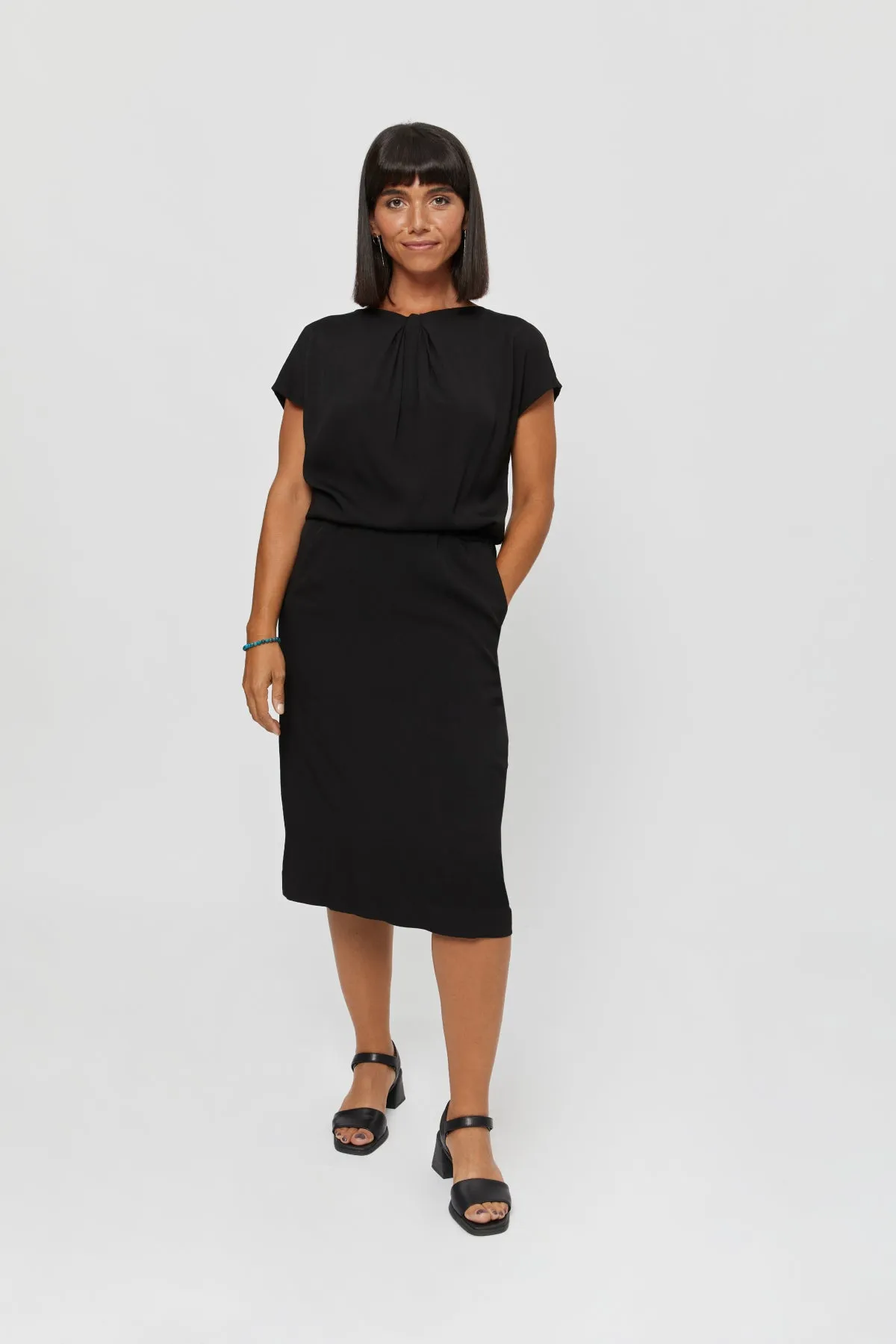 Amy | Midi Dress with Pencil Skirt and Neckline Detail in Black