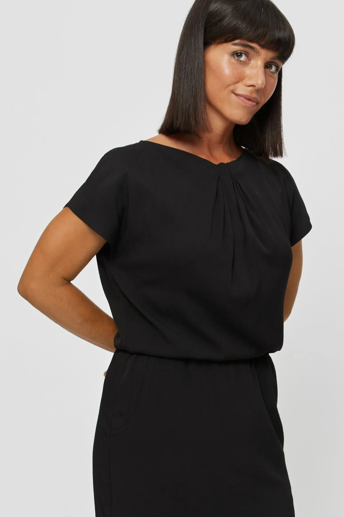 Amy | Midi Dress with Pencil Skirt and Neckline Detail in Black