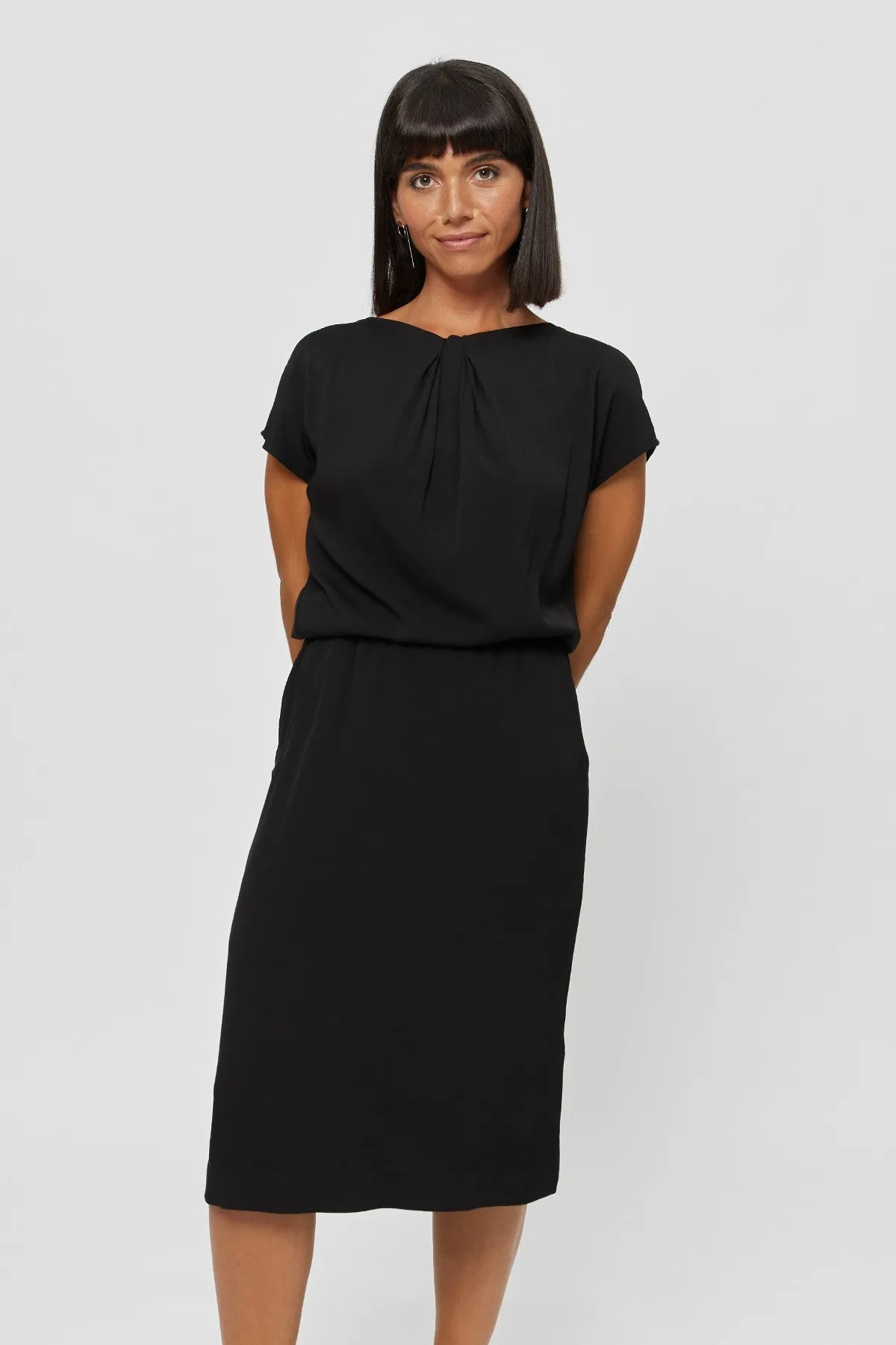 Amy | Midi Dress with Pencil Skirt and Neckline Detail in Black