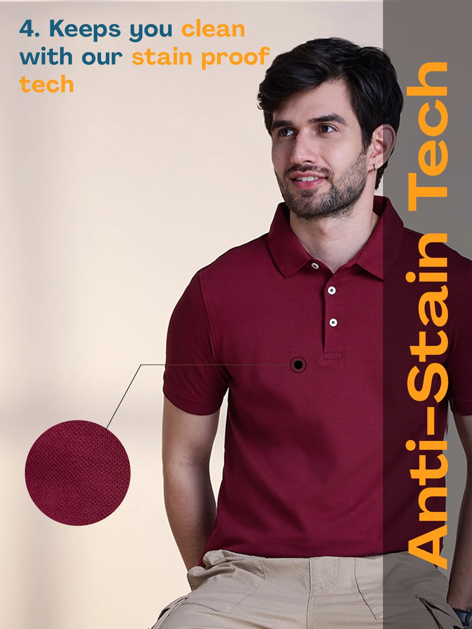 Anti Stain & Anti Odor Cotton Polo with No - Curl Collar - Astra Dust