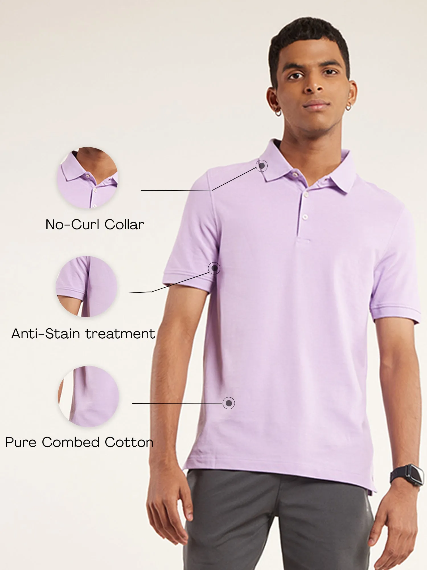 Anti Stain & Anti Odor Cotton Polo with No - Curl Collar - Lavender