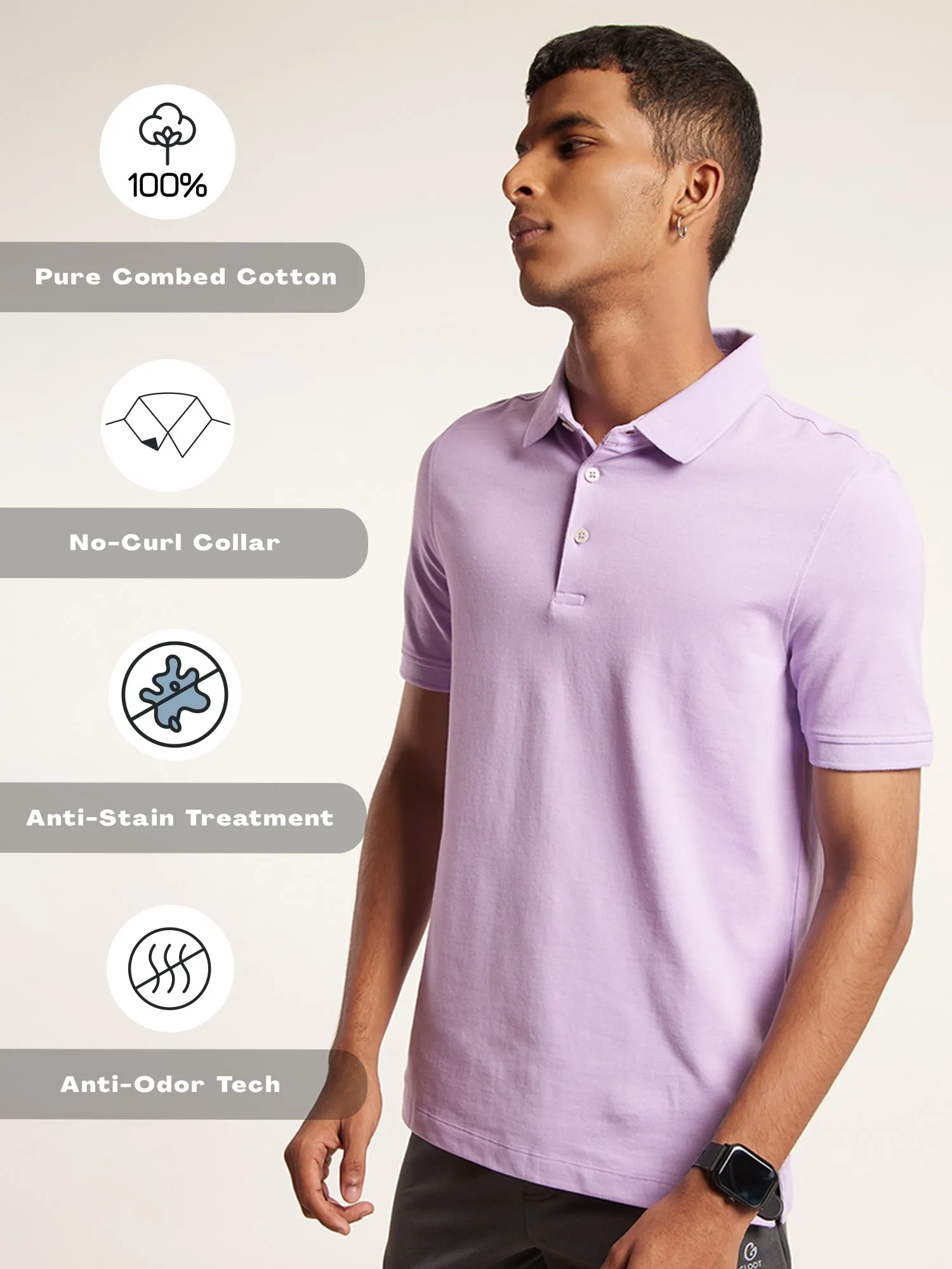 Anti Stain & Anti Odor Cotton Polo with No - Curl Collar - Lavender