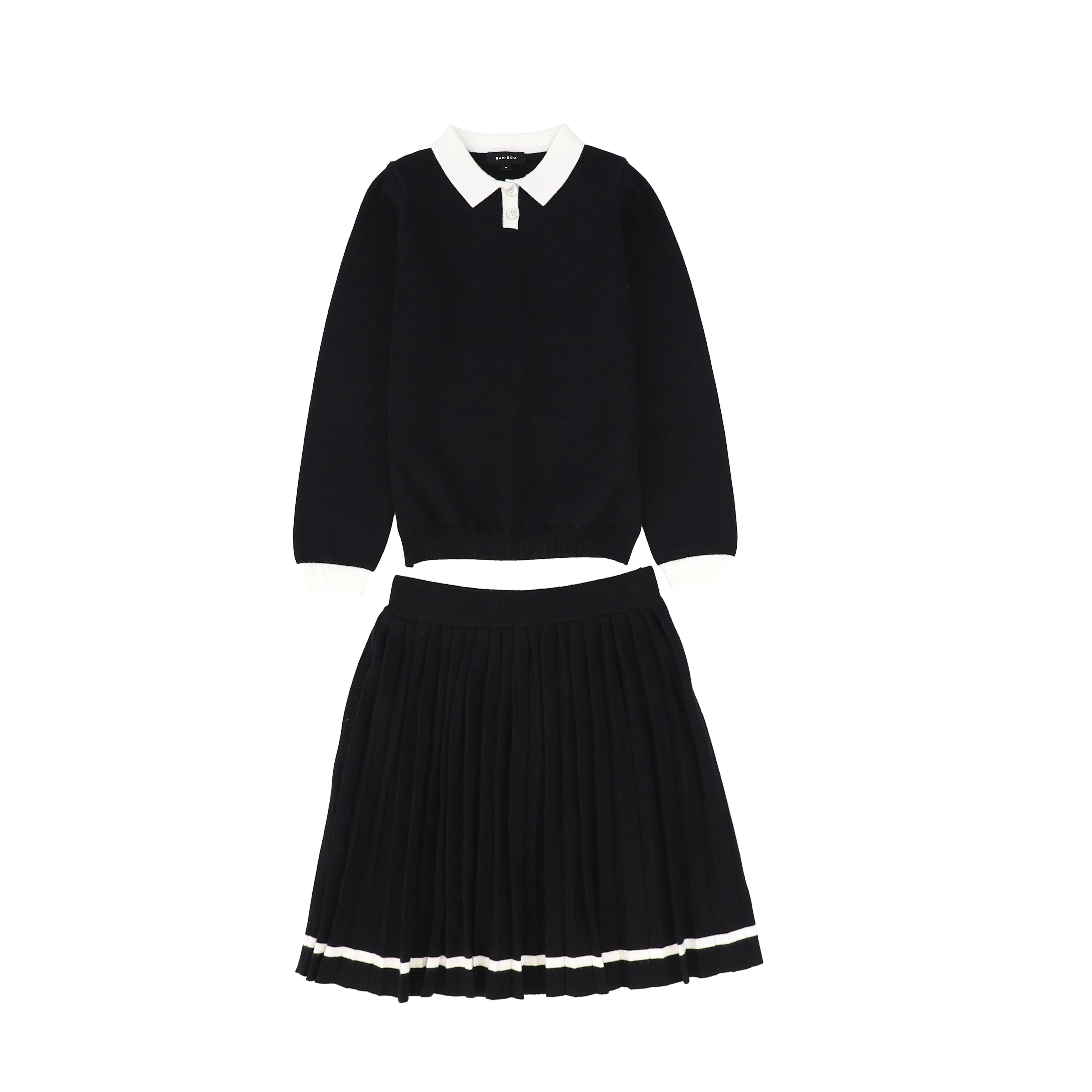 Bamboo Black Knit Trim Sweater and Pleated Skirt Set [FINAL SALE]