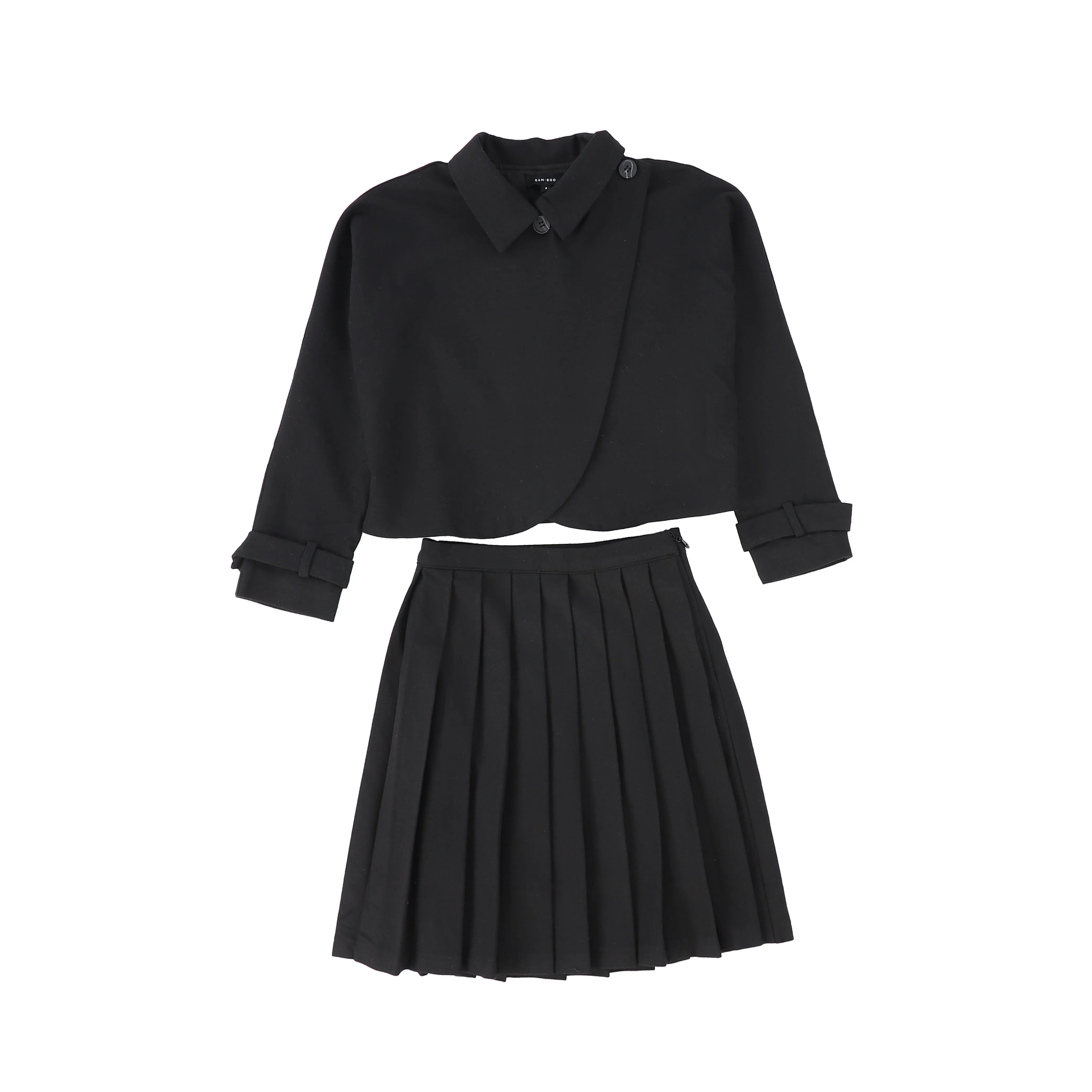 Bamboo Black Wool Pleated Skirt And Jacket Set [FINAL SALE]