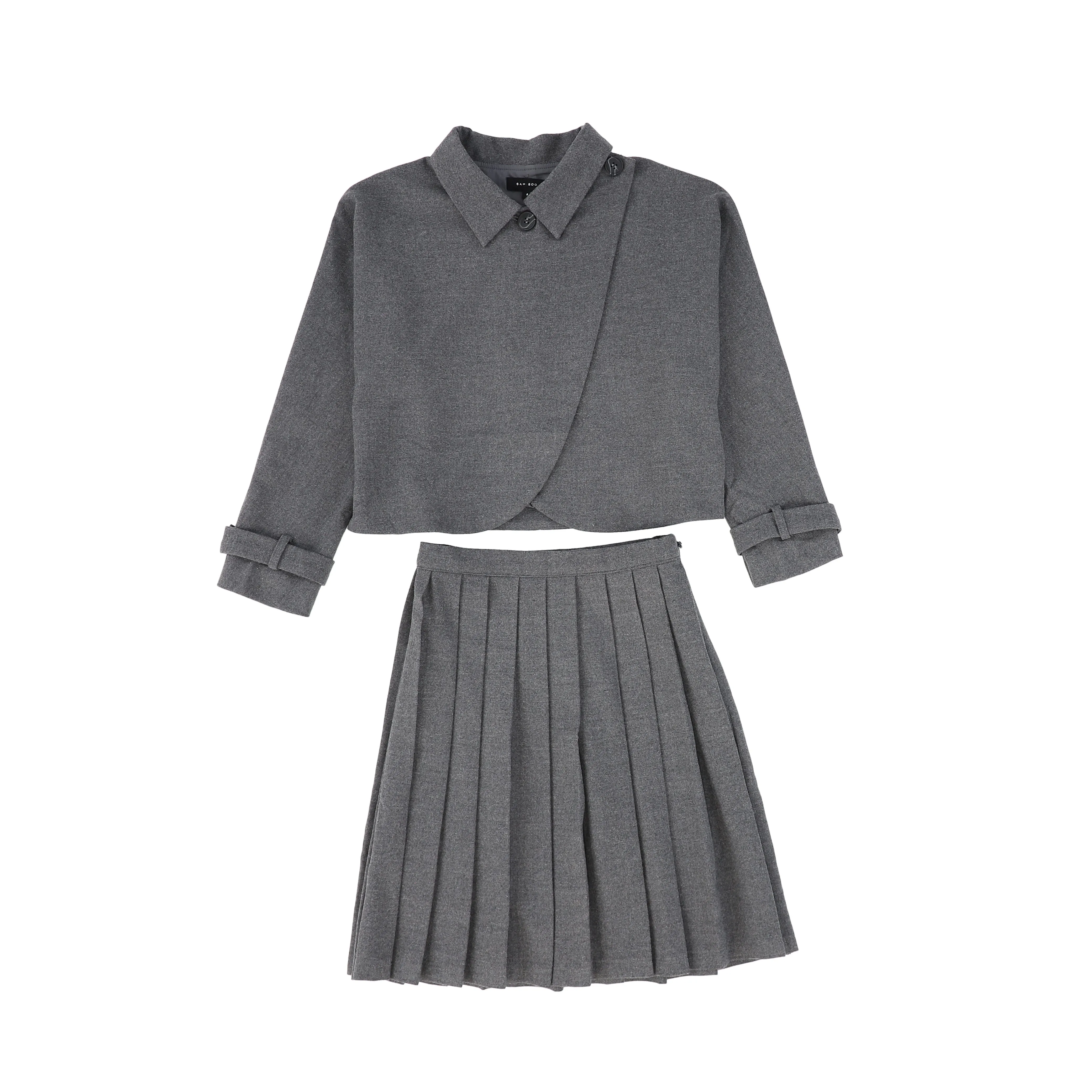 Bamboo Heather Gray Wool Pleated Skirt And Jacket Set [FINAL SALE]