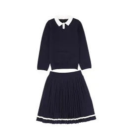 Bamboo Navy Knit Trim Sweater and Pleated Skirt Set [FINAL SALE]