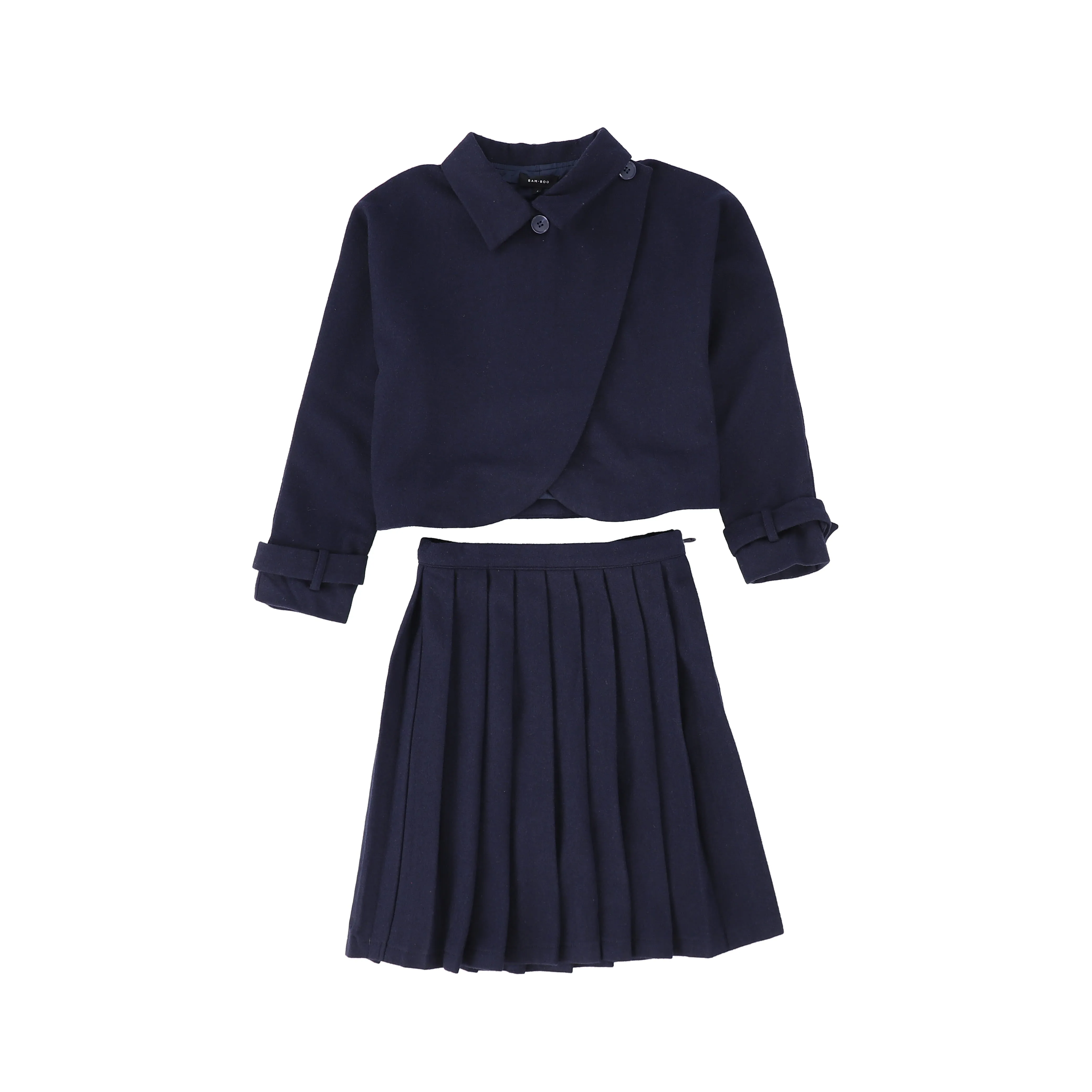 Bamboo Navy Wool Pleated Skirt And Jacket Set [FINAL SALE]