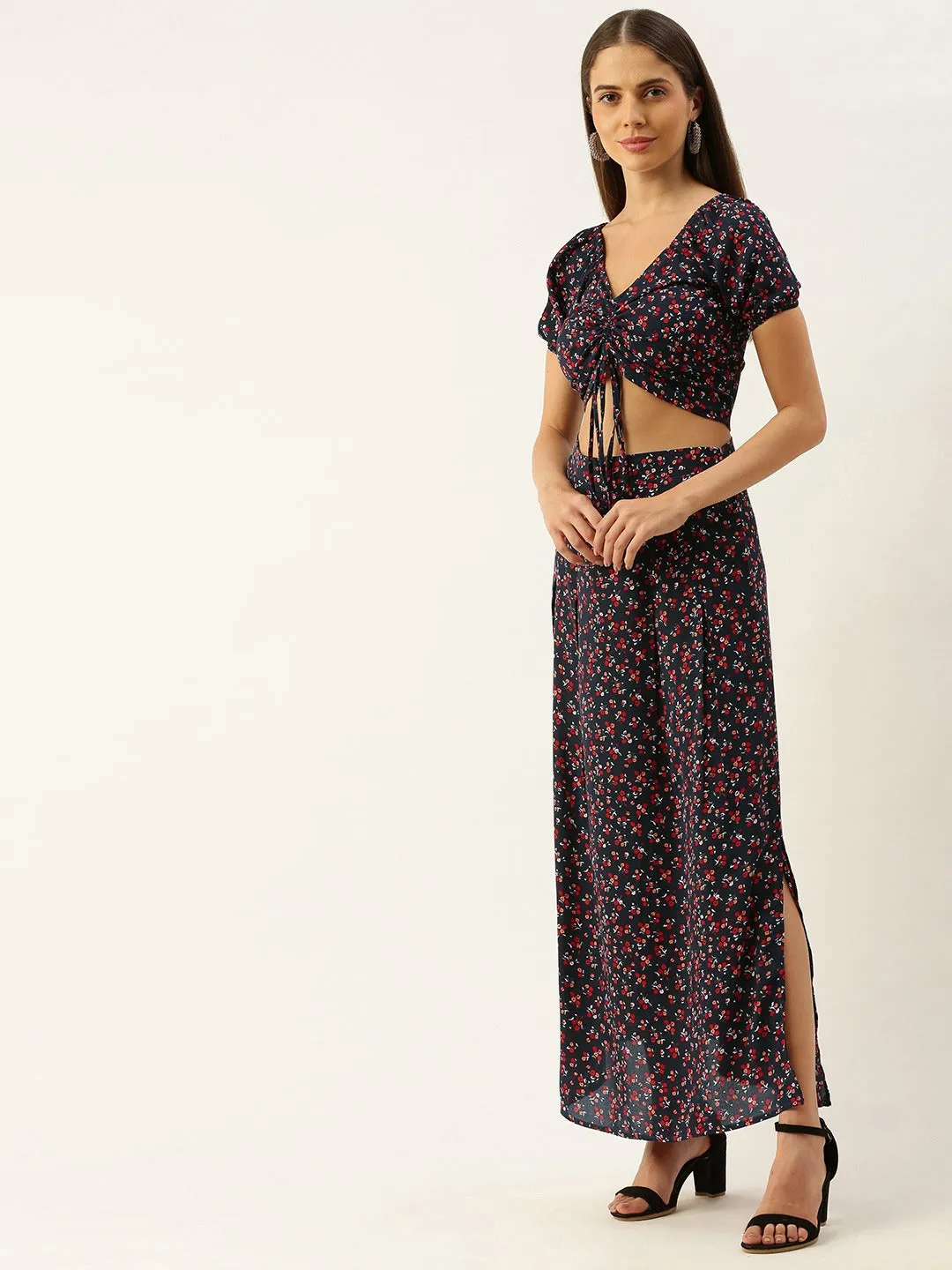 Berrylush Women Navy Blue Floral Printed Co-Ordinate Maxi Dress