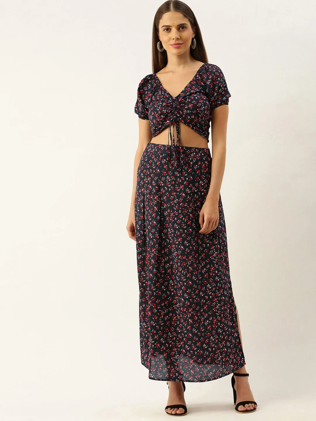 Berrylush Women Navy Blue Floral Printed Co-Ordinate Maxi Dress