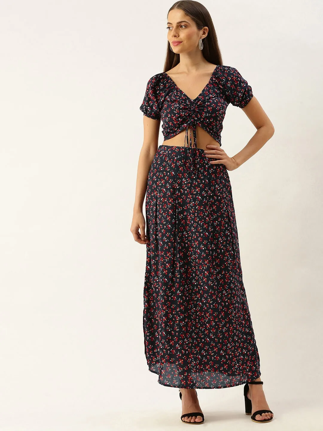 Berrylush Women Navy Blue Floral Printed Co-Ordinate Maxi Dress