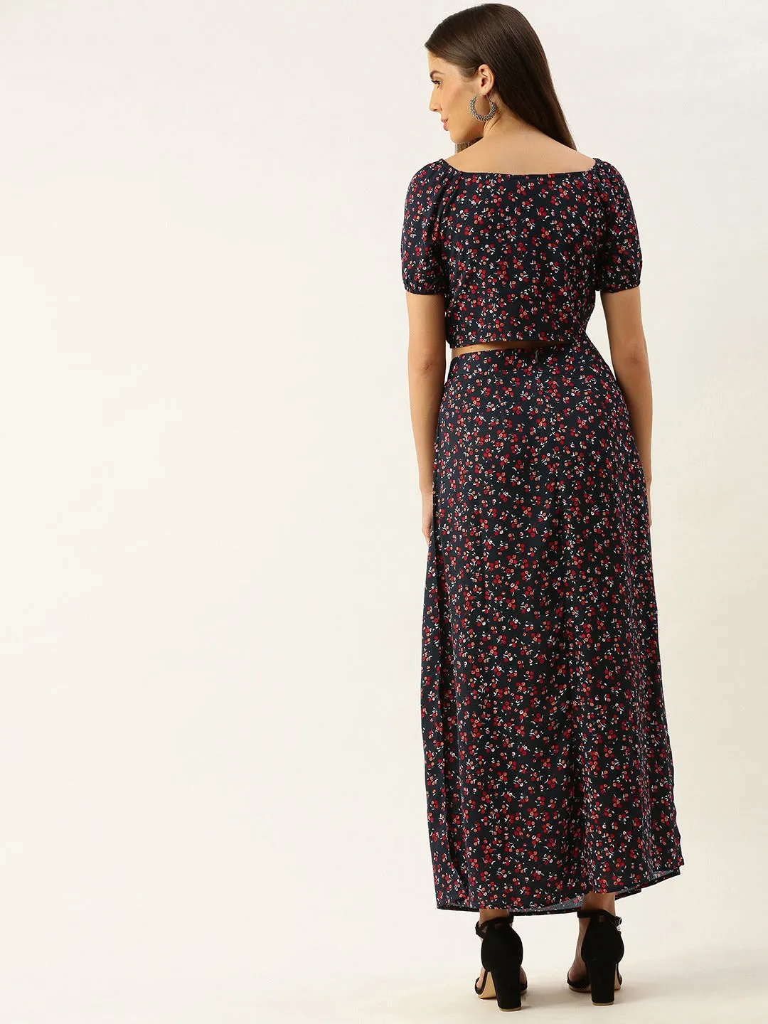 Berrylush Women Navy Blue Floral Printed Co-Ordinate Maxi Dress