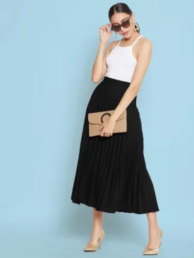 Black Solid A-Line Pleated Skirt