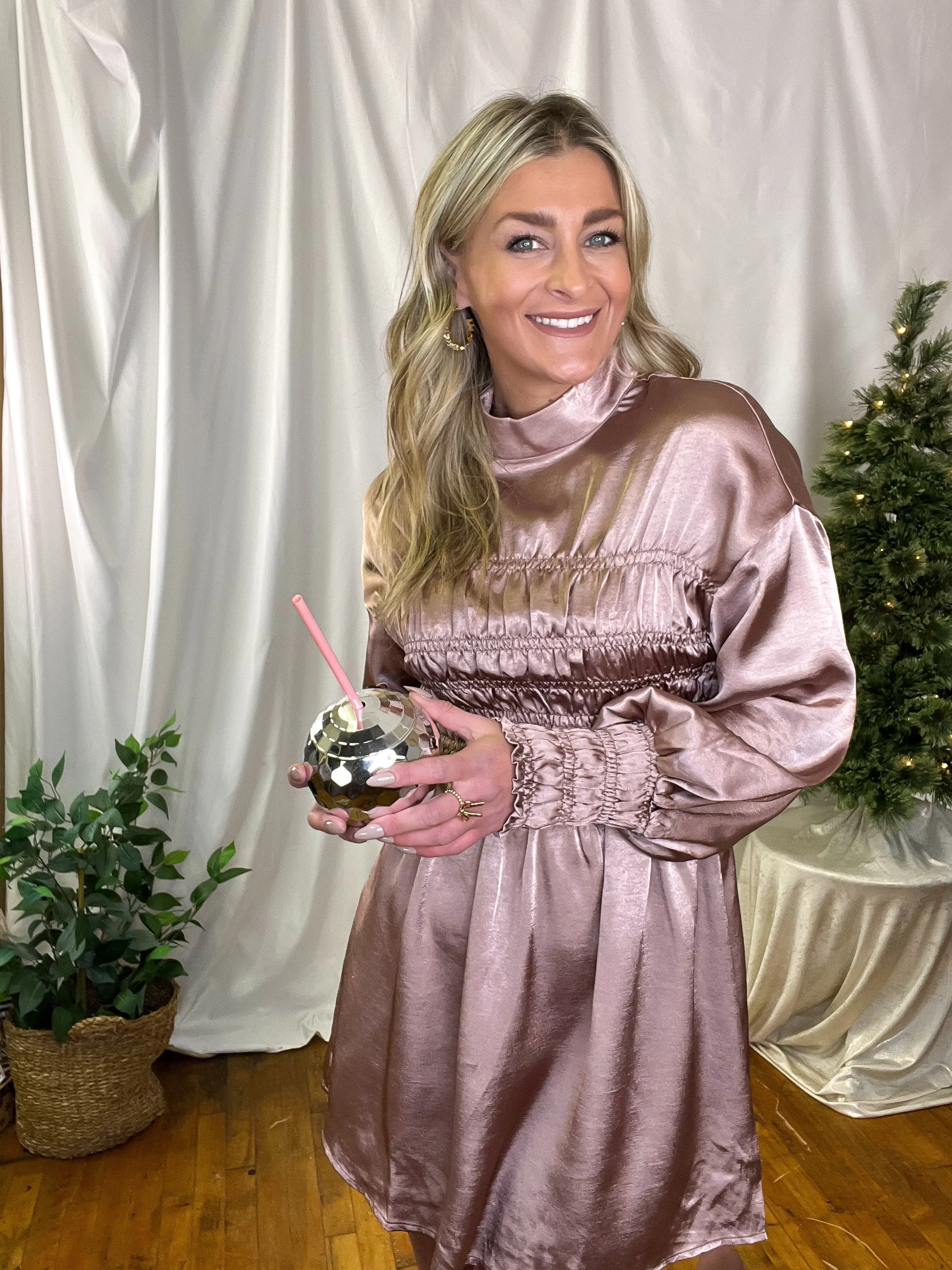 Blush Crushed Satin Smocked Long Sleeve Dress