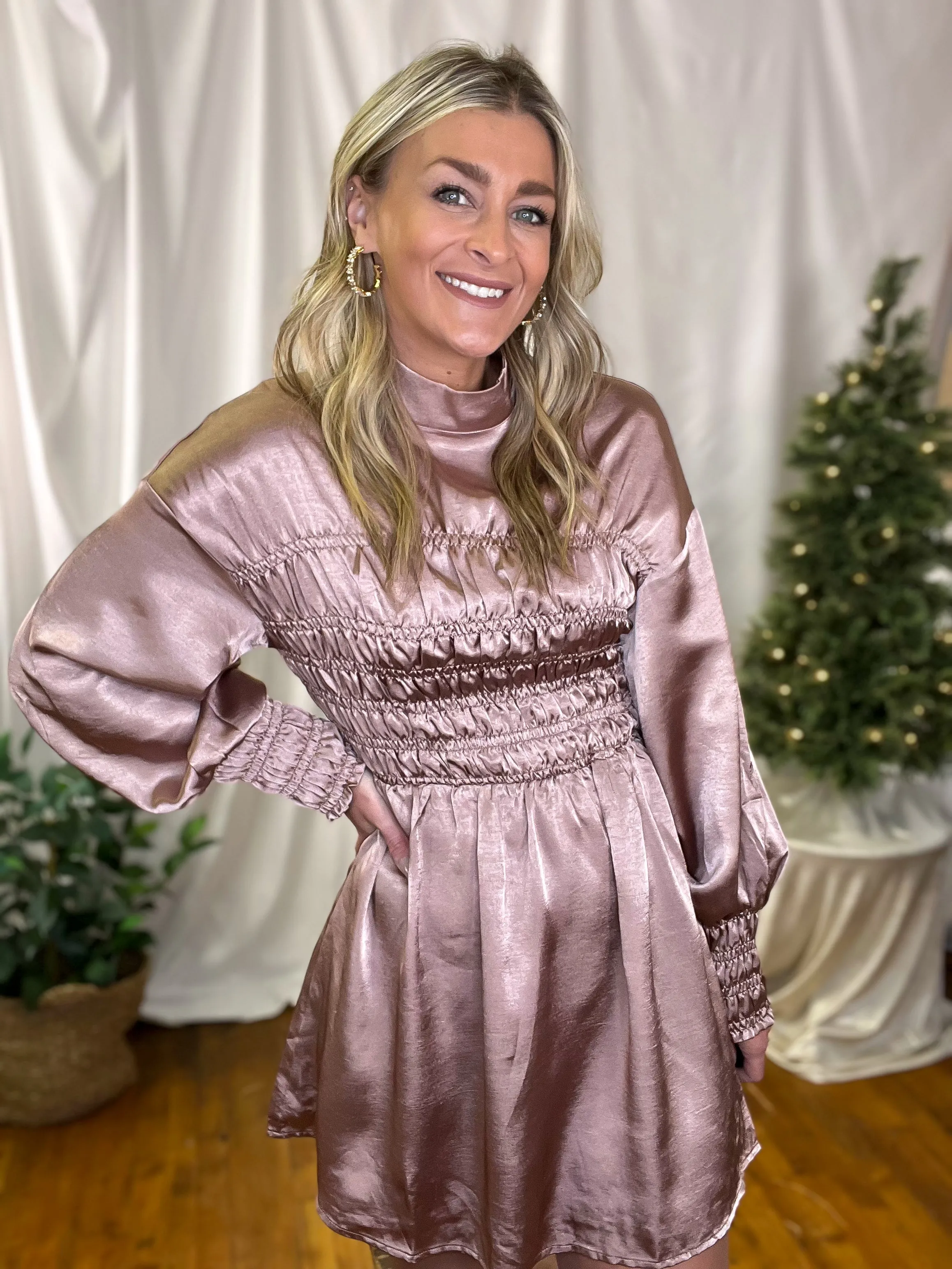 Blush Crushed Satin Smocked Long Sleeve Dress