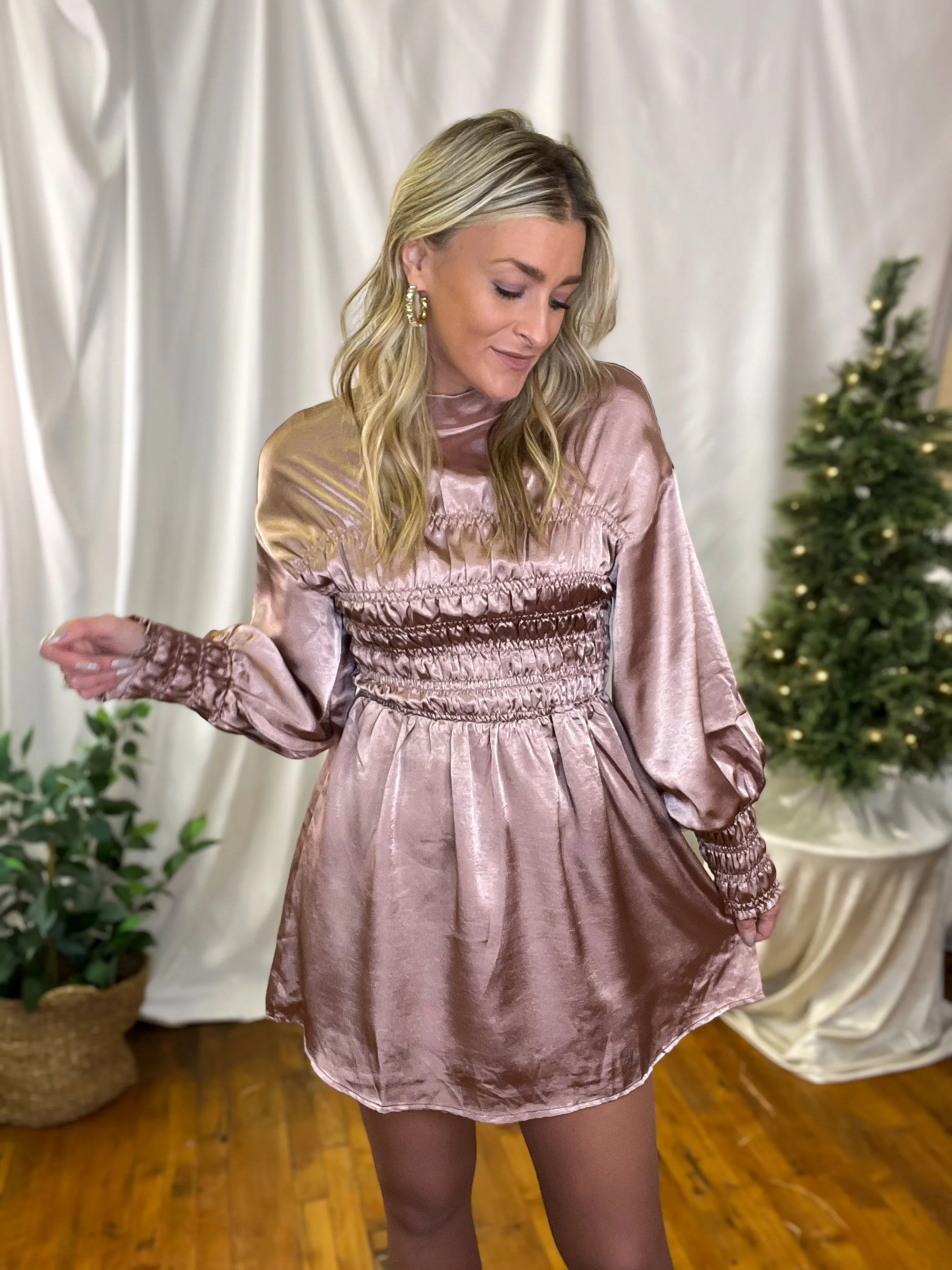 Blush Crushed Satin Smocked Long Sleeve Dress