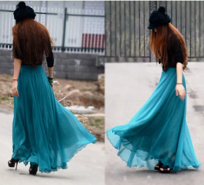 Bohemian Flared Pleated Pure Color Slim Floor Maxi Skirt