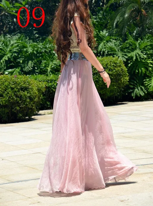 Bohemian Flared Pleated Pure Color Slim Floor Maxi Skirt