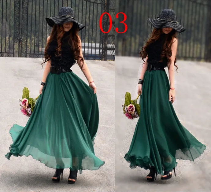 Bohemian Flared Pleated Pure Color Slim Floor Maxi Skirt