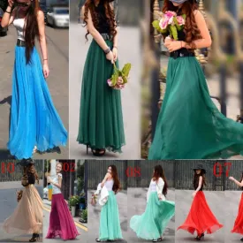 Bohemian Flared Pleated Pure Color Slim Floor Maxi Skirt