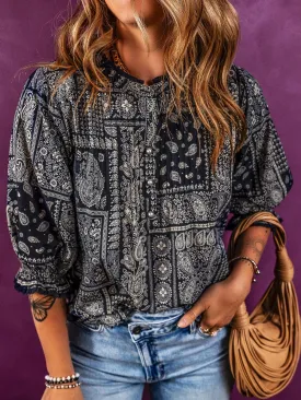 Bohemian Paisley Print Stand Neck Blouse with 3/4 Sleeves