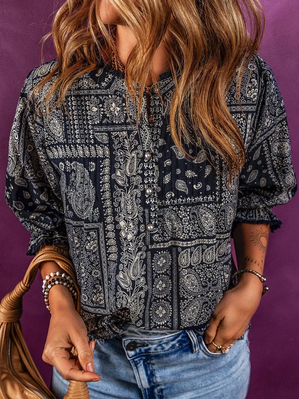 Bohemian Paisley Print Stand Neck Blouse with 3/4 Sleeves