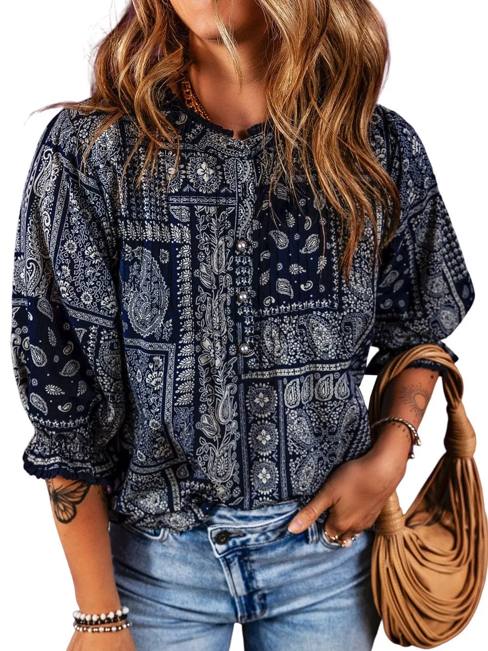 Bohemian Paisley Print Stand Neck Blouse with 3/4 Sleeves