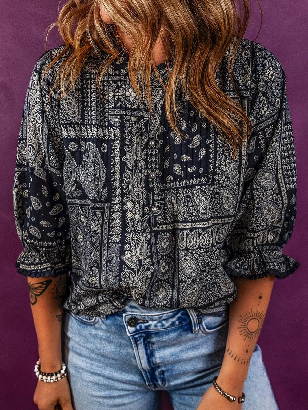 Bohemian Paisley Print Stand Neck Blouse with 3/4 Sleeves