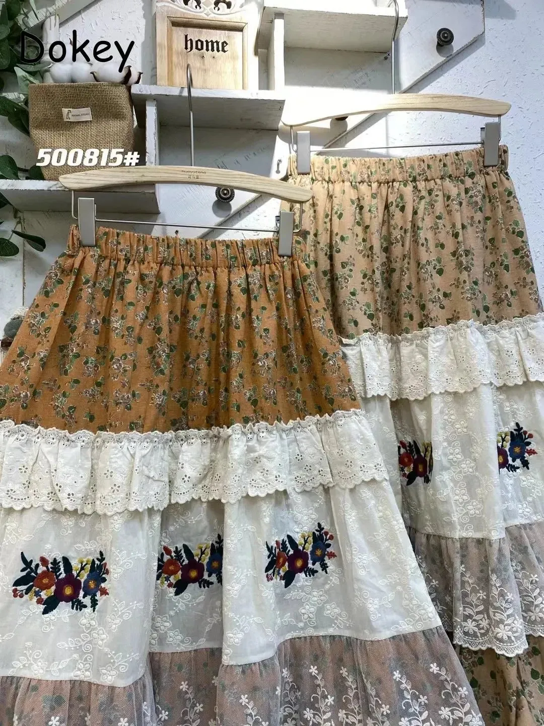 Boho Floral Pleated Ruffled Lace  Embroidery Skirts