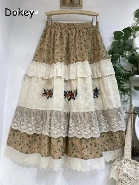 Boho Floral Pleated Ruffled Lace  Embroidery Skirts