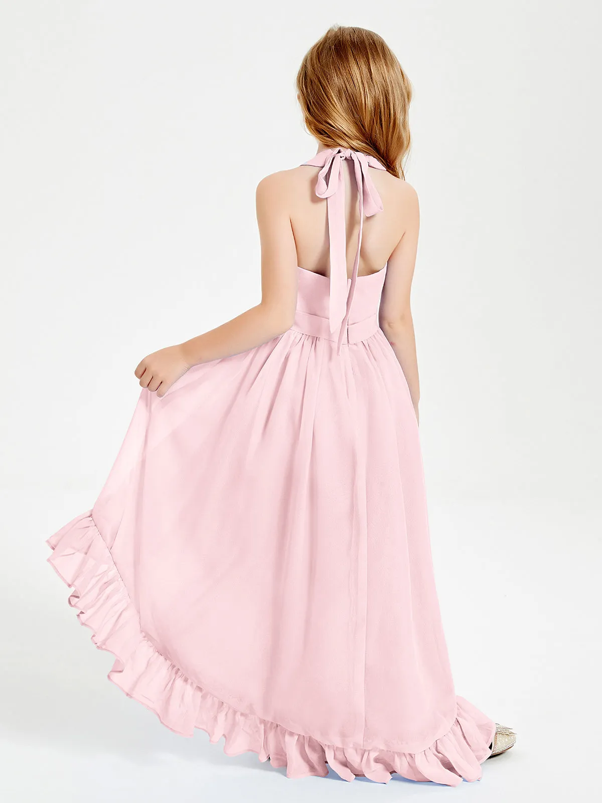 Boho Junior Bridesmaid Dresses Asymmetrical Cascading Skirt Blushing Pink