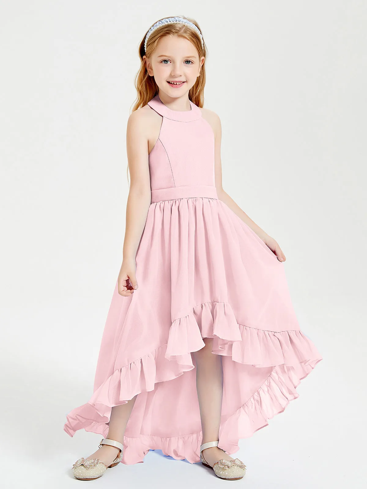 Boho Junior Bridesmaid Dresses Asymmetrical Cascading Skirt Blushing Pink