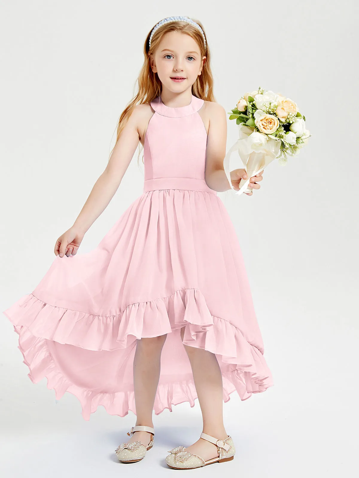 Boho Junior Bridesmaid Dresses Asymmetrical Cascading Skirt Blushing Pink