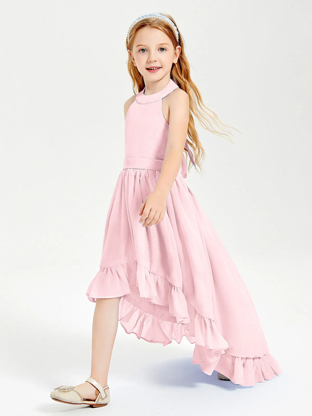 Boho Junior Bridesmaid Dresses Asymmetrical Cascading Skirt Blushing Pink