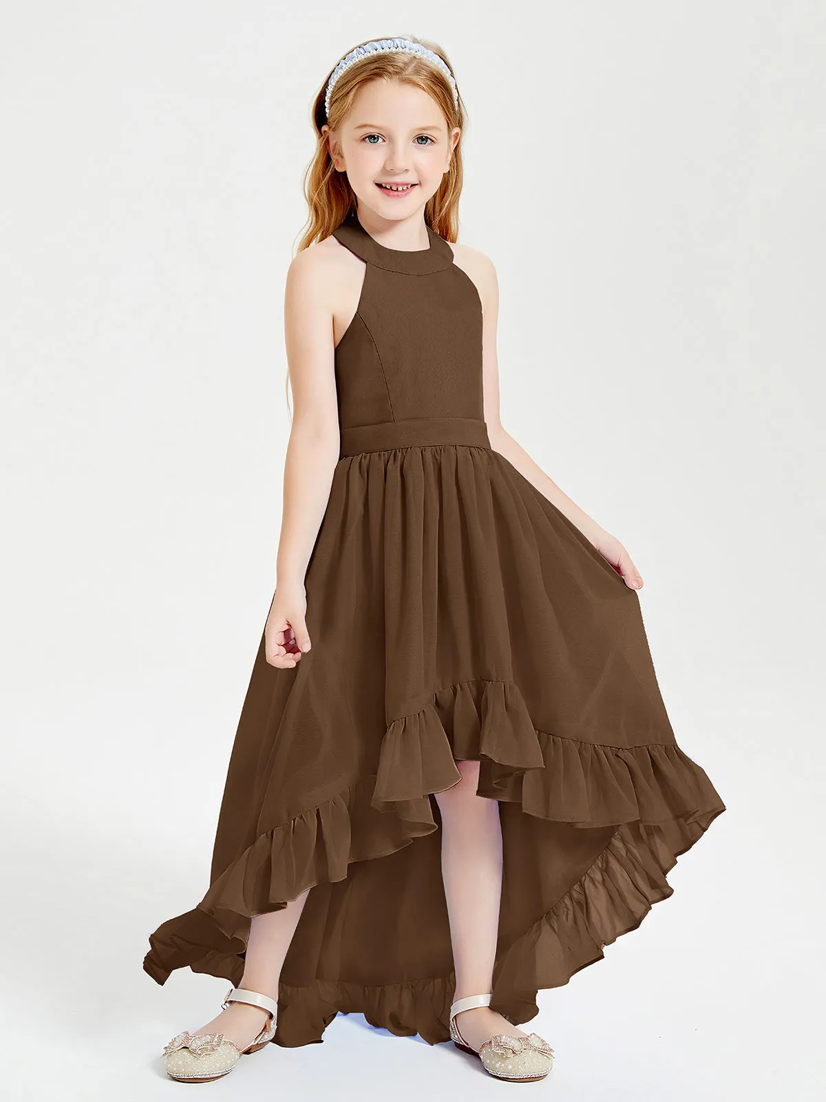 Boho Junior Bridesmaid Dresses Asymmetrical Cascading Skirt Brown