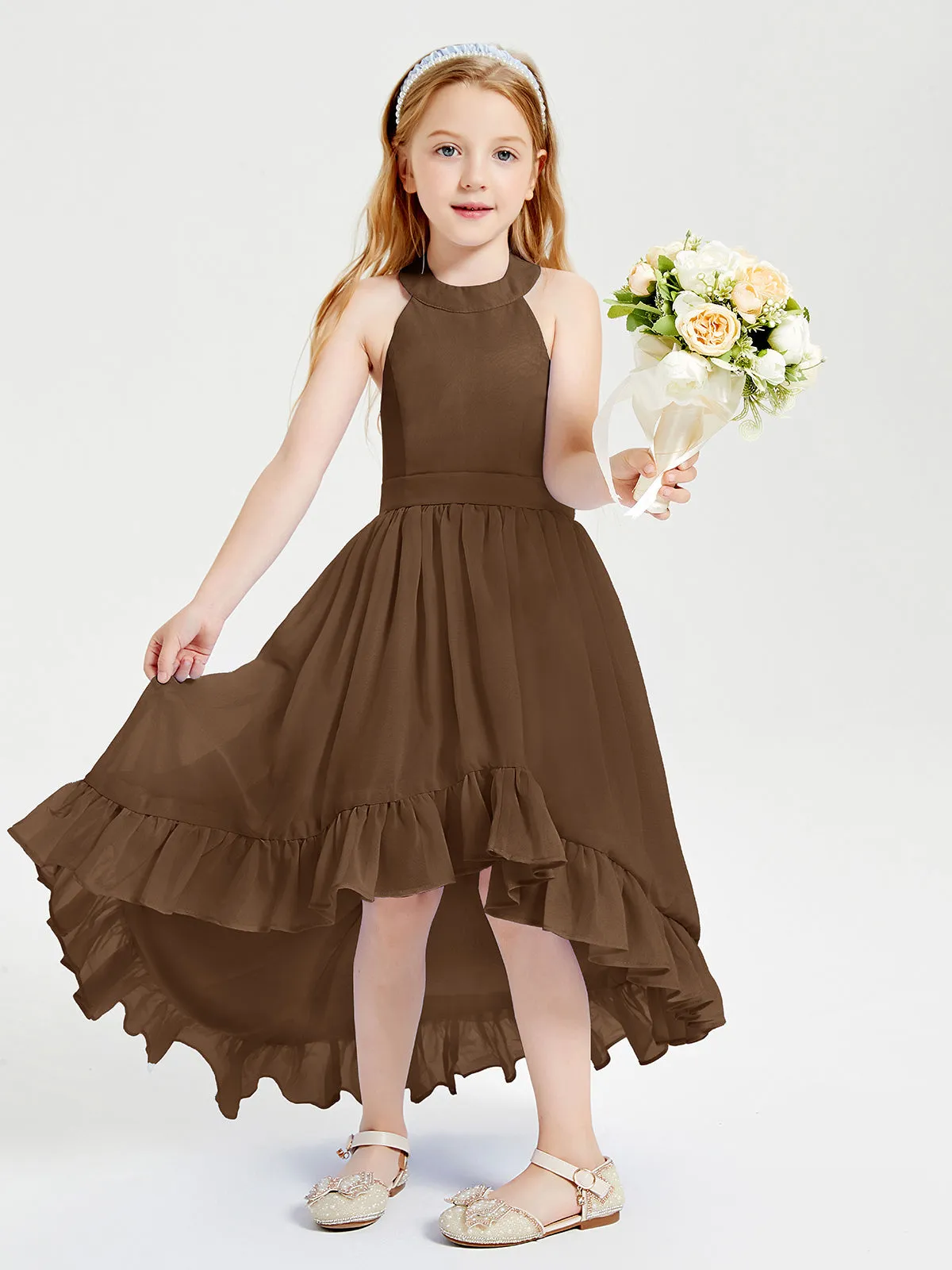 Boho Junior Bridesmaid Dresses Asymmetrical Cascading Skirt Brown