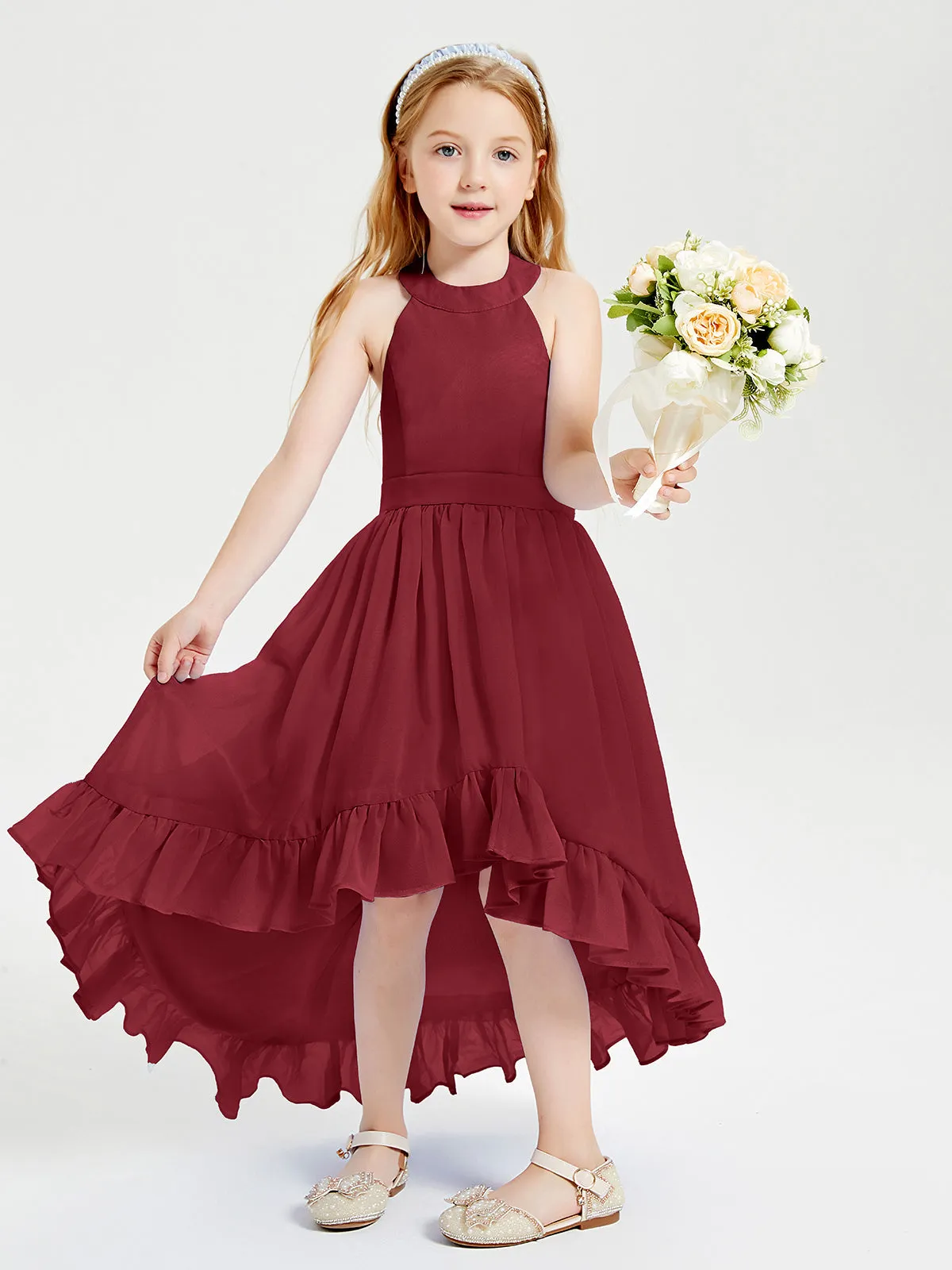 Boho Junior Bridesmaid Dresses Asymmetrical Cascading Skirt Burgundy