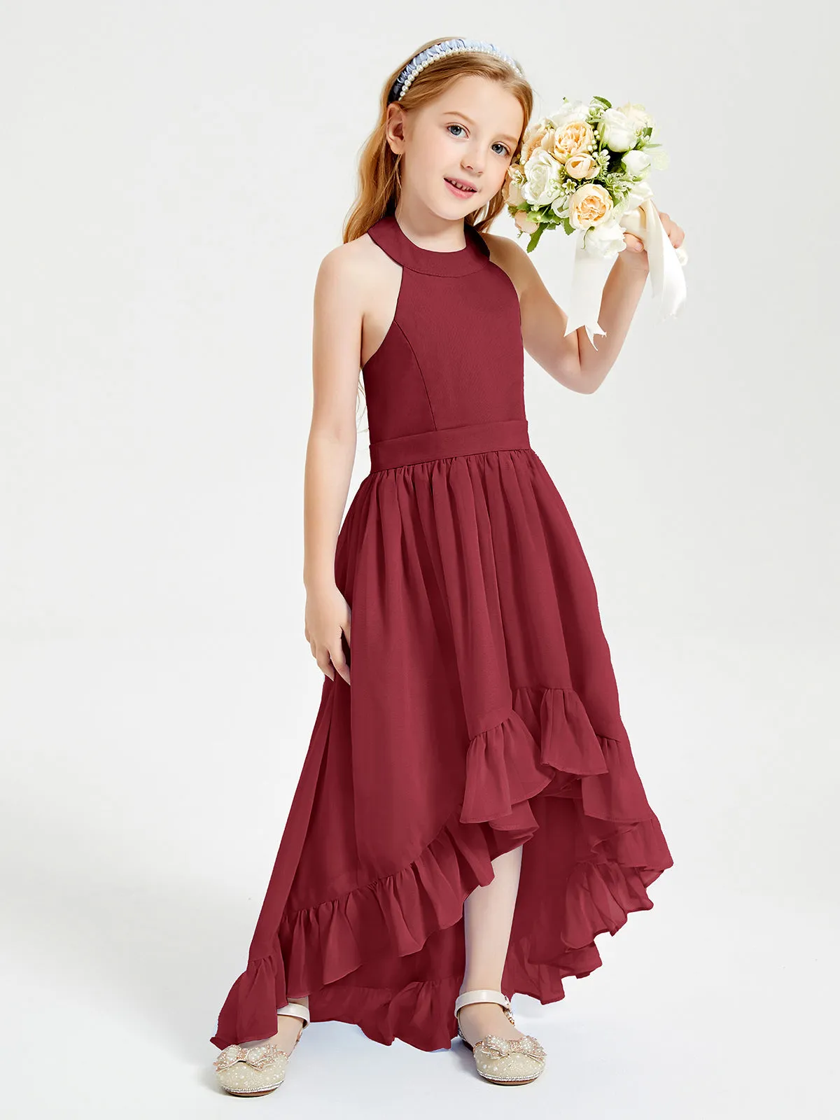 Boho Junior Bridesmaid Dresses Asymmetrical Cascading Skirt Burgundy