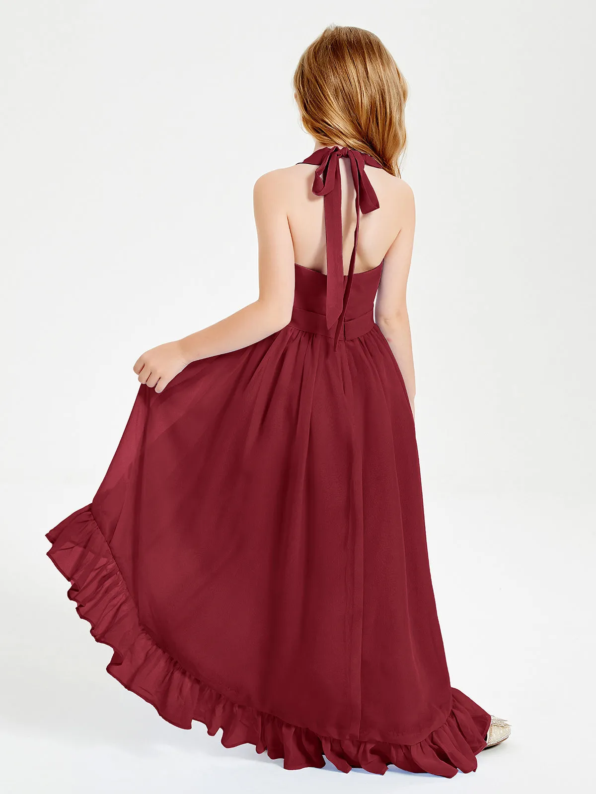 Boho Junior Bridesmaid Dresses Asymmetrical Cascading Skirt Burgundy