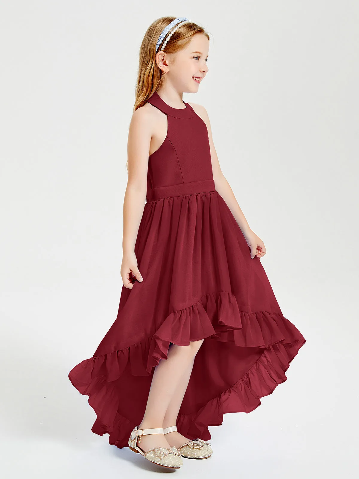 Boho Junior Bridesmaid Dresses Asymmetrical Cascading Skirt Burgundy